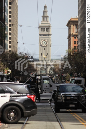 A view of cars, pickups and buses driving through the streets of San Francisco 130279964