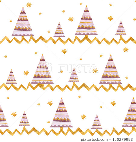 Seamless pattern of abstract burgundy Christmas trees, golden snowflakes and zigzags, hand-drawn in watercolor. Seamless pattern of abstract burgundy Christmas trees, golden snowflakes and zigzags, hand-drawn in watercolor. 130279998