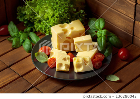 Swiss cheese, green basil, salad, and tomatoes on a wooden table. 130280042