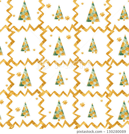 Seamless pattern of abstract green Christmas trees, golden snowflakes and zigzags, hand-drawn in watercolor. 130280089