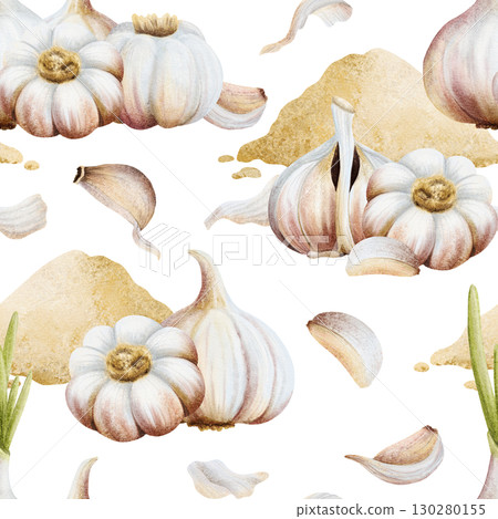 Garlic powder with whole vegetables and with cloves watercolor seamless pattern on white. Pile of dry spice for cooking and traditional medicine recipes. Minced seasoning for culinary designs 130280155