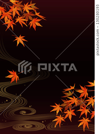 日本秋葉和流水的圖案，水彩風格，黑色背景，垂直圖像 130280193