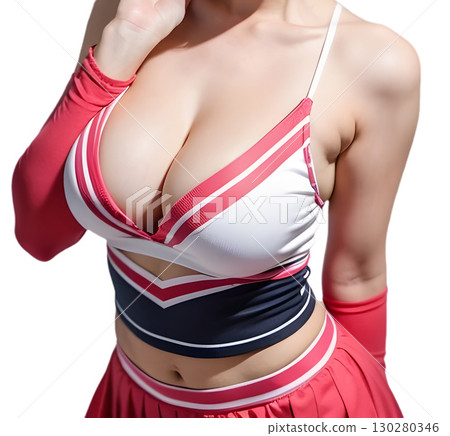 A close-up of a woman's boldly designed cheerleader-style costume, focusing on her upper body 130280346