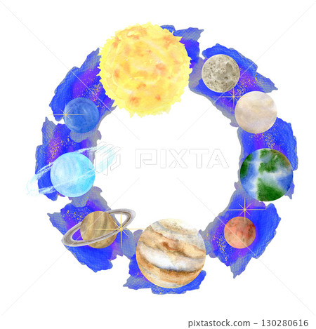 Space frame with place for text. Wreath of stars and space planets. Hand drawn in watercolor, isolated on a white background Space frame with place for text. Wreath of stars and space planets. Hand drawn in watercolor, isolated on a white background 130280616