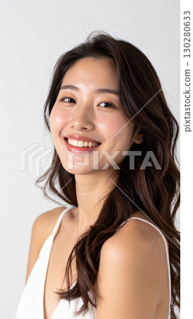 Portrait of a smiling young woman on white background 130280633