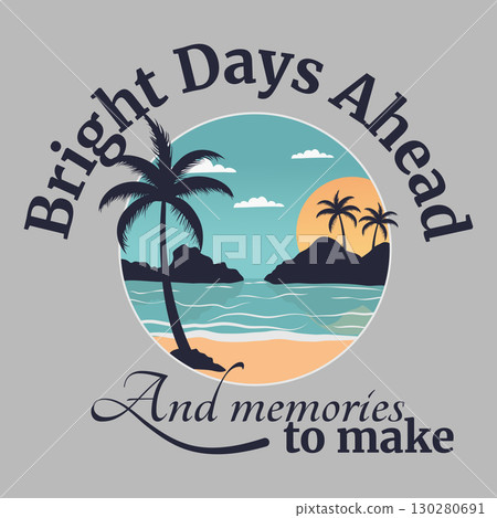 Summer t-shirt print design. Typography beach badge, palm trees and mountains in a round print 130280691