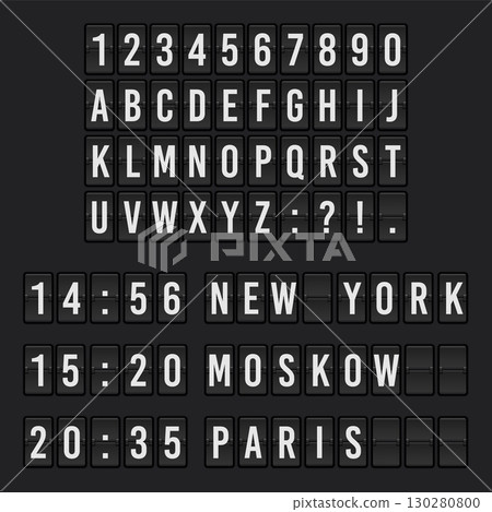 Realistic airport mechanical scoreboard with flipping numbers. Vector display for travel, departure, and arrival schedules. 130280800