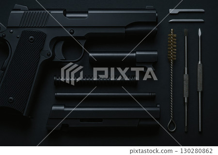 Disassembled semi automatic pistol with precision gun maintenance tools arranged neatly on black surface, sharp macro photography capturing details 130280862