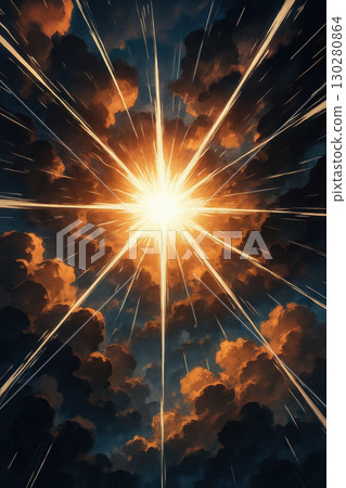 Bright explosion of light bursting through dark clouds with dynamic rays and dramatic sky creating intense and powerful atmosphere 130280864