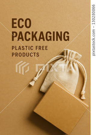 Eco packaging plastic free products with kraft paper box and cotton drawstring bag on brown background 130280866