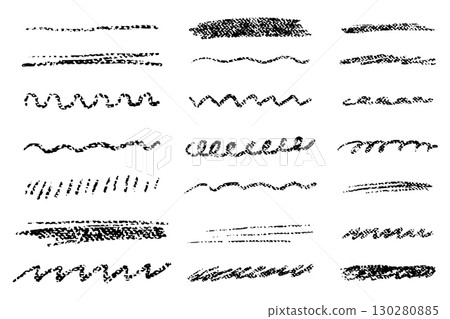Collection of crayon strikethrough and wavy lines. Hand drawn horizontal doodle strokes for notes, dividers, and sketch design. 130280885