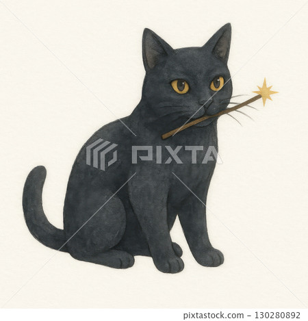 Black cat holding magic wand with star tip in mouth, sitting calmly with bright yellow eyes, mystical and charming watercolor illustration 130280892