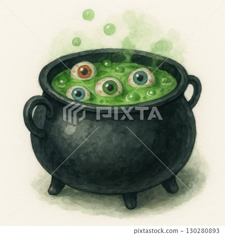 Watercolor illustration of black cauldron bubbling with green soup and floating candy eyeballs, creating spooky and playful Halloween vibe 130280893