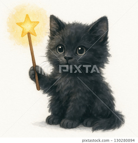 Black kitten magic wand star tip glowing wand watercolor illustration cute animal fluffy fur small pet adorable kitten fantasy magic 130280894