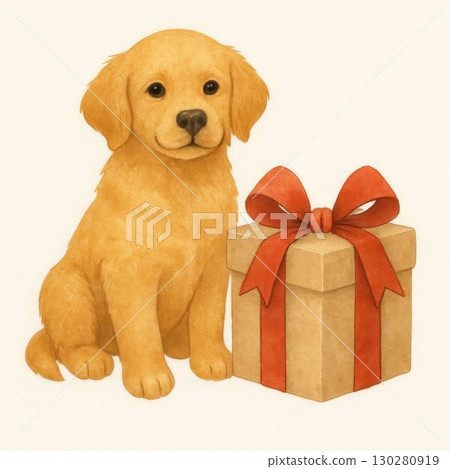 Watercolor illustration of golden retriever puppy sitting beside wrapped gift box with large red bow, evoking warmth and joy 130280919
