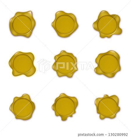 Golden wax stamp vector icon set. Shiny realistic 3D gold seal templates for quality assurance, warranty certification, premium awards, and vintage decorative labels. 130280992