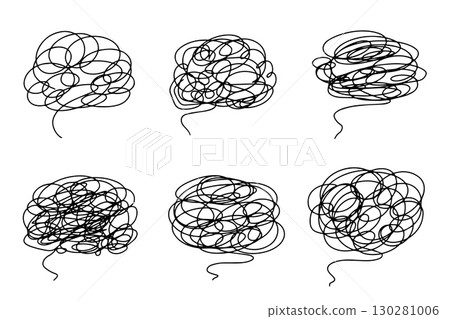 Scribble brain doodle icon set, hand drawn messy line sketch, abstract tangle mind symbol, creative vector illustration outline design element 130281006