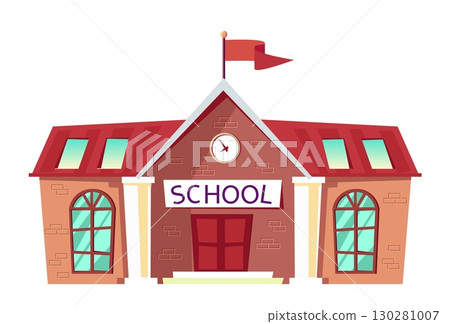 Cute cartoon school building illustration in hand drawn doodle style, perfect for back to school projects, children s books, educational posters, classroom decor, and teacher resources. 130281007