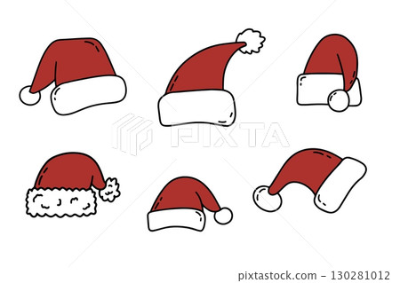 Santa Claus hat Christmas doodle set, hand drawn cartoon festive holiday hats vector illustration isolated on white background, New Year decoration clipart for greeting cards, party design, winter 130281012