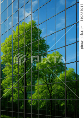 Green tree reflection on glass office building facade with blue sky and clouds on sunny day Green tree reflection on glass office building facade with blue sky and clouds on sunny day 130281041