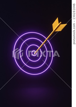 Golden arrow hitting neon purple target glowing with precision and achievement concept on dark background 130281046