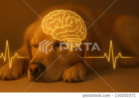 Sleeping golden retriever with illustrated brain overlay and heartbeat waveform neuroscience and canine cognition concept soft warm lighting 130281071