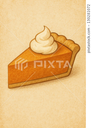 Slice of pumpkin pie with whipped cream on vintage parchment background cozy autumn dessert illustration 130281072