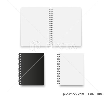 Open and closed spiral notebooks in black and white colors. Realistic mockup templates isolated on white background for school, office, or planner design. 130281080