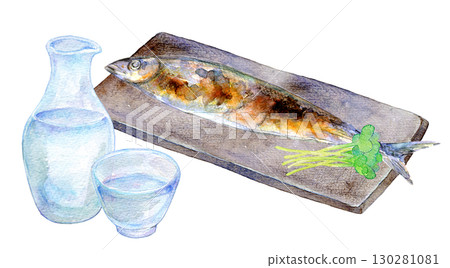 Watercolor illustration, hand-drawn illustration, Pacific saury and cold sake Watercolor illustration, hand-drawn illustration, Pacific saury and cold sake 130281081