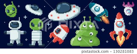 Pixel space collection with rockets and aliens Pixel space collection with rockets and aliens 130281083