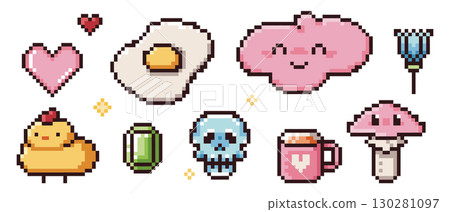 Pixel icon collection with 8 bit items Pixel icon collection with 8 bit items 130281097