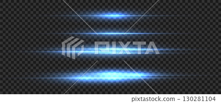 Bright blue horizontal light explosion with glowing neon lines and flare effect on dark background perfect for energy design speed motion or digital graphics. 130281104