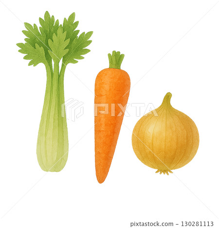 芹菜、胡蘿蔔和洋蔥水彩插圖（PNG 剪貼圖） 130281113