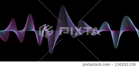 Abstract digital sound wave with smooth pink and blue lines on dark background vector design element for music technology and futuristic presentations. Abstract digital sound wave with smooth pink and blue lines on dark background vector design element for music technology and futuristic presentations. 130281136