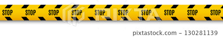 Yellow caution tape with bold STOP text and black diagonal stripes, symbolizing restriction, danger, and safety warnings. 130281139