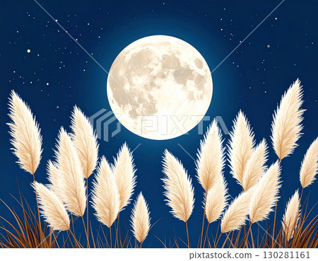 The harvest moon shining in the night sky and ears of silver grass swaying in the wind The harvest moon shining in the night sky and ears of silver grass swaying in the wind 130281161