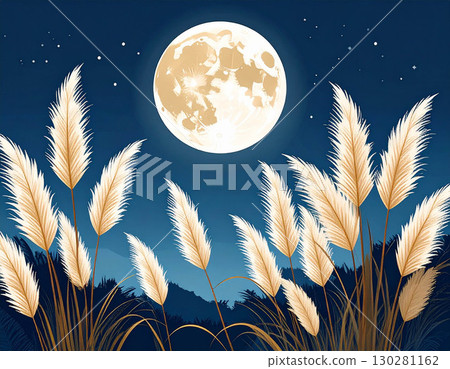 The harvest moon shining in the night sky and ears of silver grass swaying in the wind 130281162