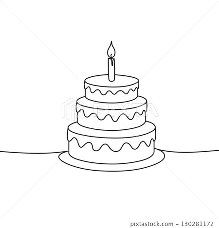 Celebration Cake with Candle. Party Dessert Line Art. 130281172
