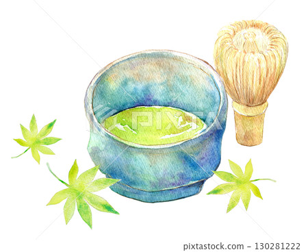 Watercolor illustration, hand-drawn illustration, green maple leaves and matcha tea bowl Watercolor illustration, hand-drawn illustration, green maple leaves and matcha tea bowl 130281222