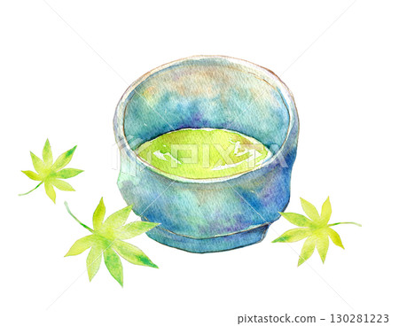 Watercolor illustration, hand-drawn illustration, green maple leaves and matcha tea bowl Watercolor illustration, hand-drawn illustration, green maple leaves and matcha tea bowl 130281223