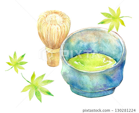 Watercolor illustration, hand-drawn illustration, green maple leaves and matcha tea bowl 130281224