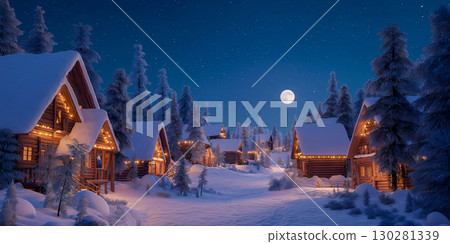 Christmas surrounded by a full moon and snow - A log cabin in the mountains lit up in winter 130281339