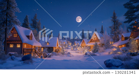 滿月與白雪環繞的聖誕節－冬季山間小屋燈火通明 130281341