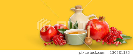 Apples and pomegranates with honey in a bowl on a bright background Apples and pomegranates with honey in a bowl on a bright background 130281383
