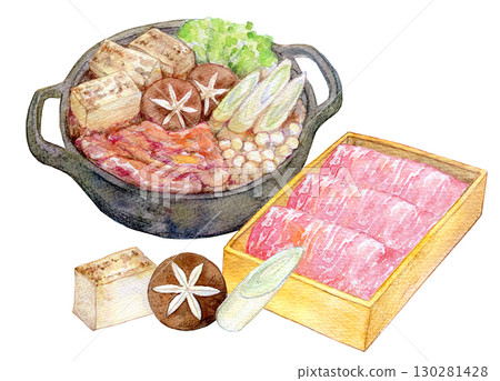 Watercolor illustration, hand-drawn illustration, premium marbled Wagyu beef sukiyaki set 130281428