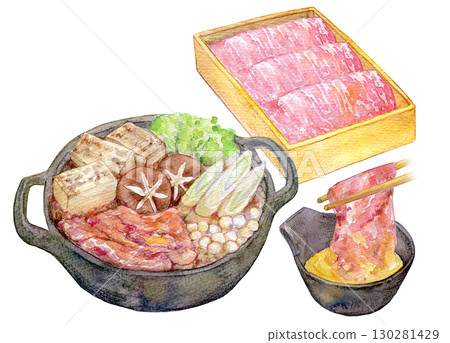 水彩插圖、手繪插圖、高級雪花和牛壽喜燒套餐 130281429