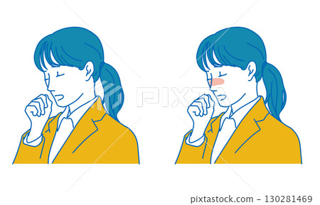 Illustration of a female employee who is coughing and feeling unwell Illustration of a female employee who is coughing and feeling unwell 130281469