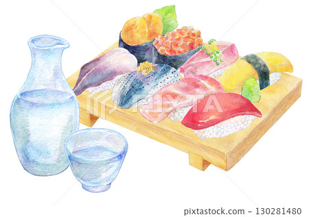 Watercolor illustration, hand-drawn illustration, premium nigiri sushi and cold sake Watercolor illustration, hand-drawn illustration, premium nigiri sushi and cold sake 130281480