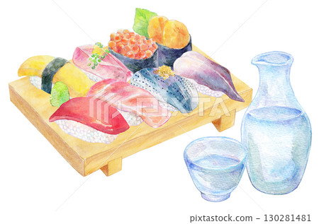 水彩插圖、手繪插圖、高級握壽司和冷酒 130281481