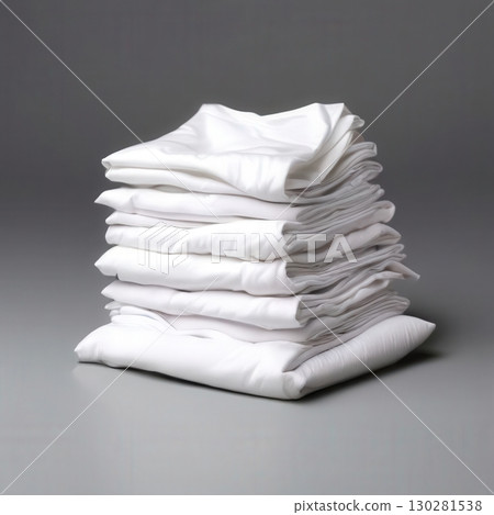 an AI Image Generator, Stack of Folded White Shirts Displayed o 130281538